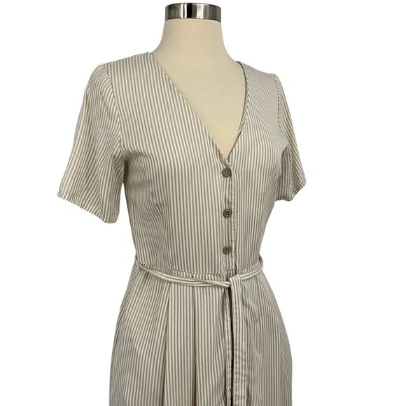 Vetta The Button Up Midi Dress Taupe Stripe Short Sleeve Buttoned Size XS Belted - Picture 8 of 9